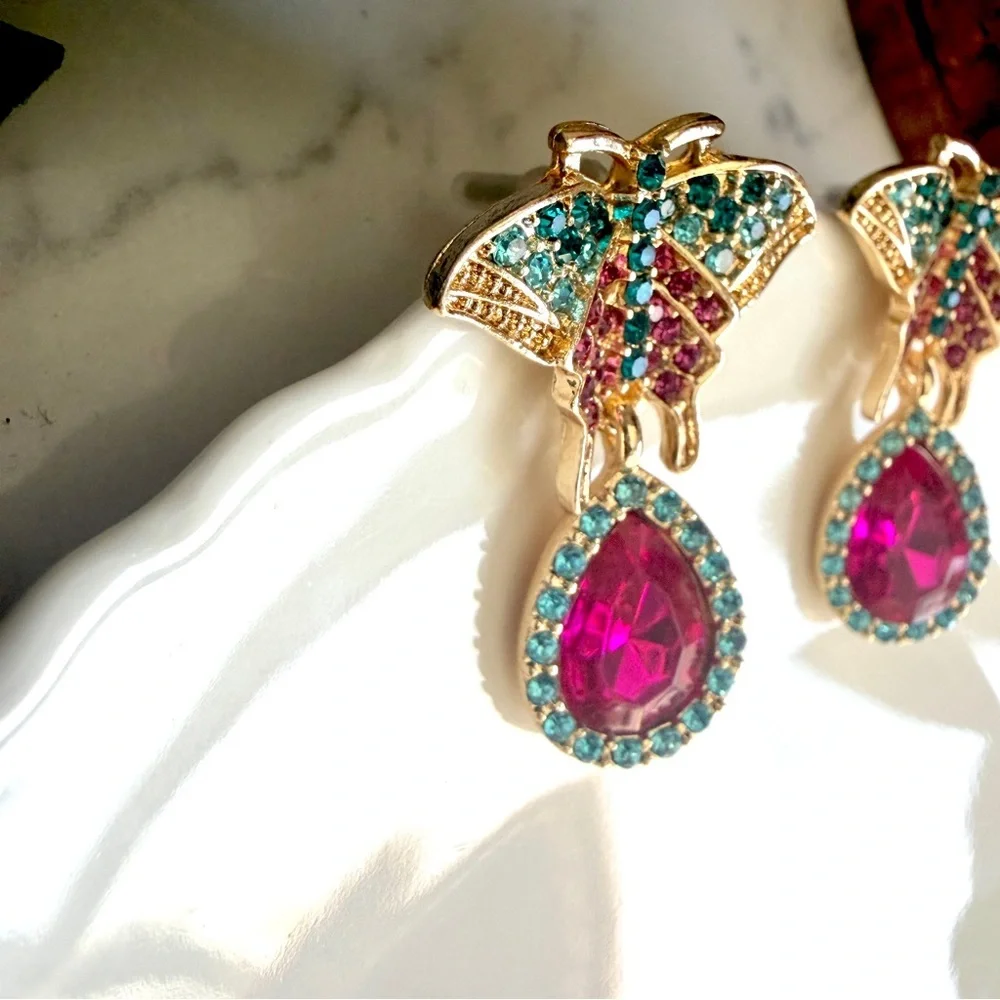 2/$30🌵 Vintage Style Butterfly Moth Teal Pink Rhinestone Earrings Ornate Gift